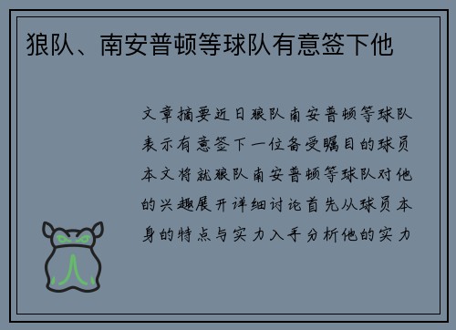 狼队、南安普顿等球队有意签下他